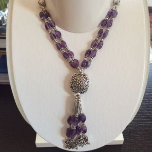 Double Strand Amethyst Chandelier Accented With Silver Filigree Necklace New